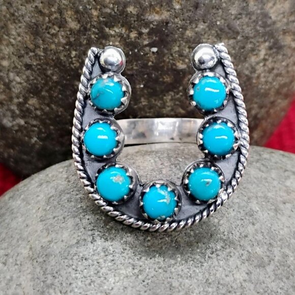 Handmade Jewelry - Southwest Horseshoe Shaped Ring Sterling Silver Turquoise Size 6.5